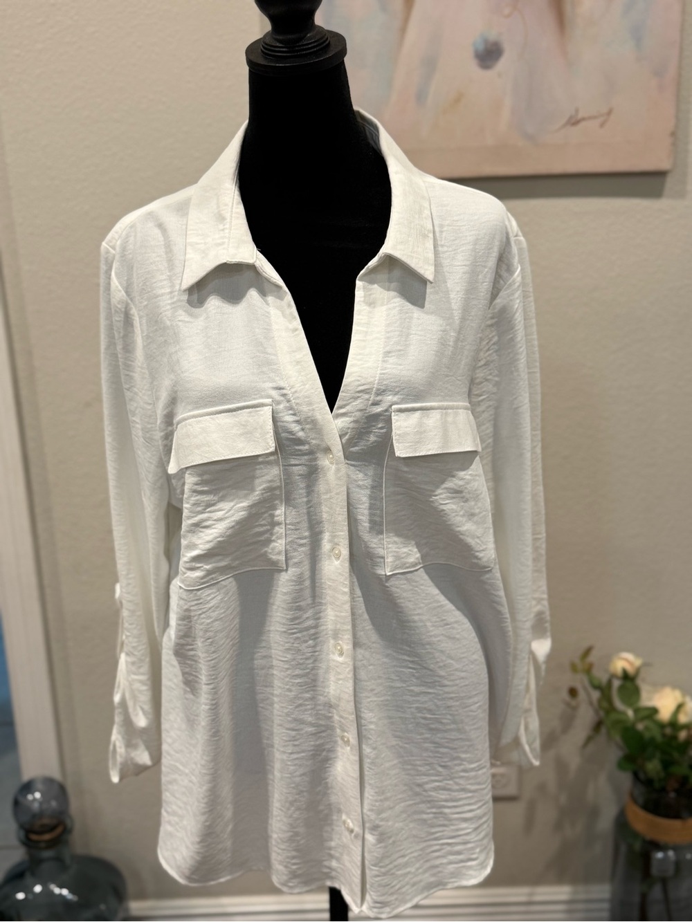 Fred David White Long-Sleeve Button-Down Shirt with Flap Pockets